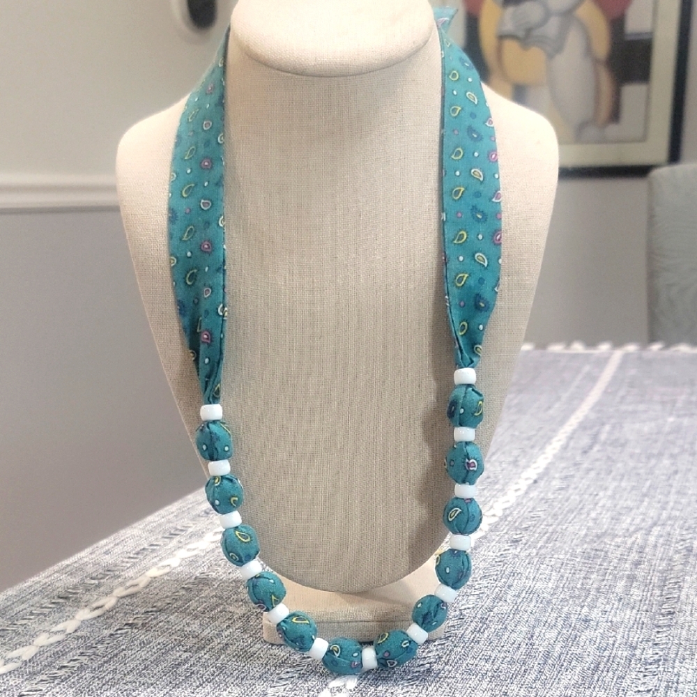 A Beautiful Liberty of London Fabric Beaded 32" Long Necklace Turquoise